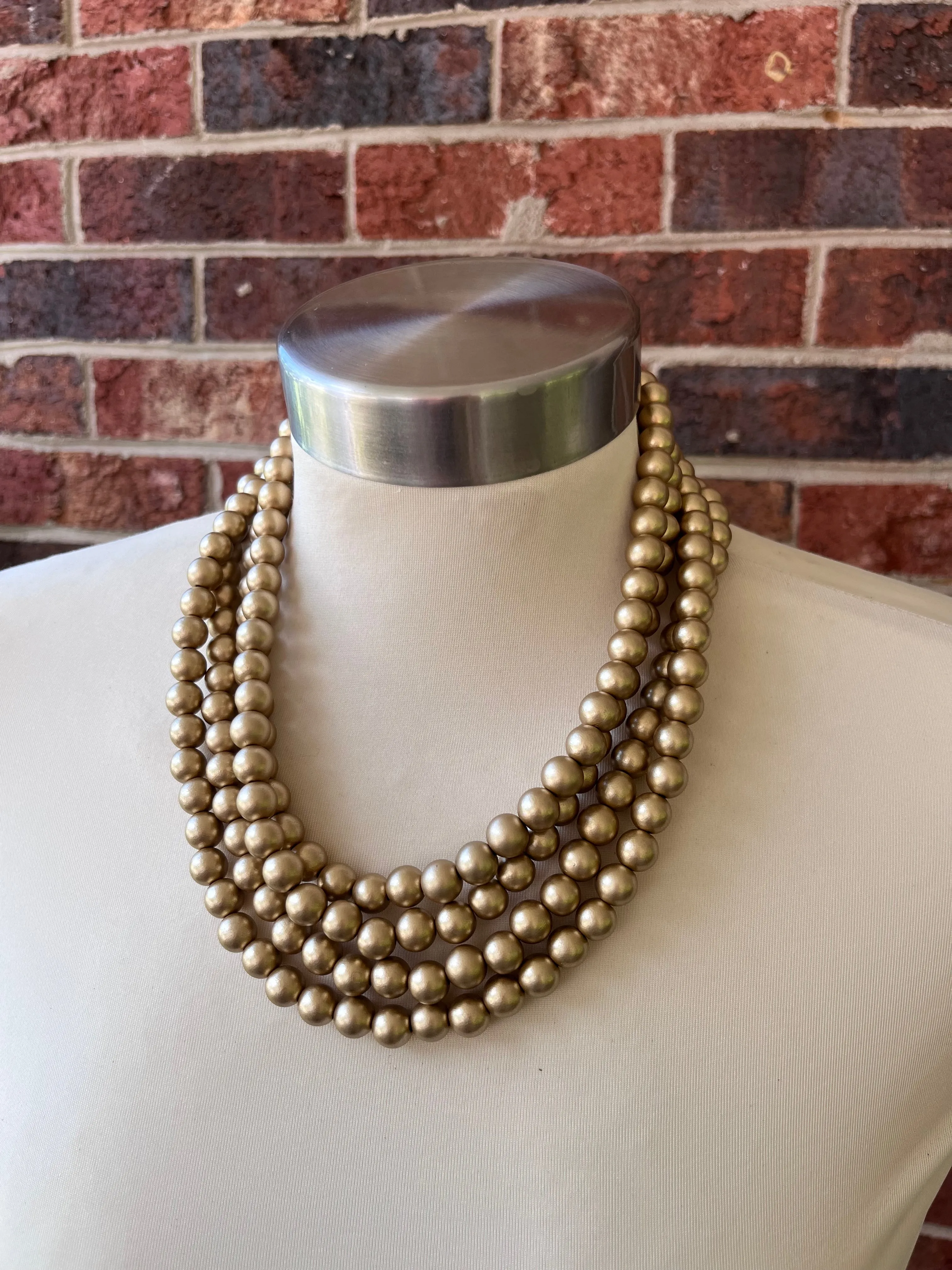 Gold Matte Small Beaded Acrylic Chunky Multi Strand Statement Necklace - Alana