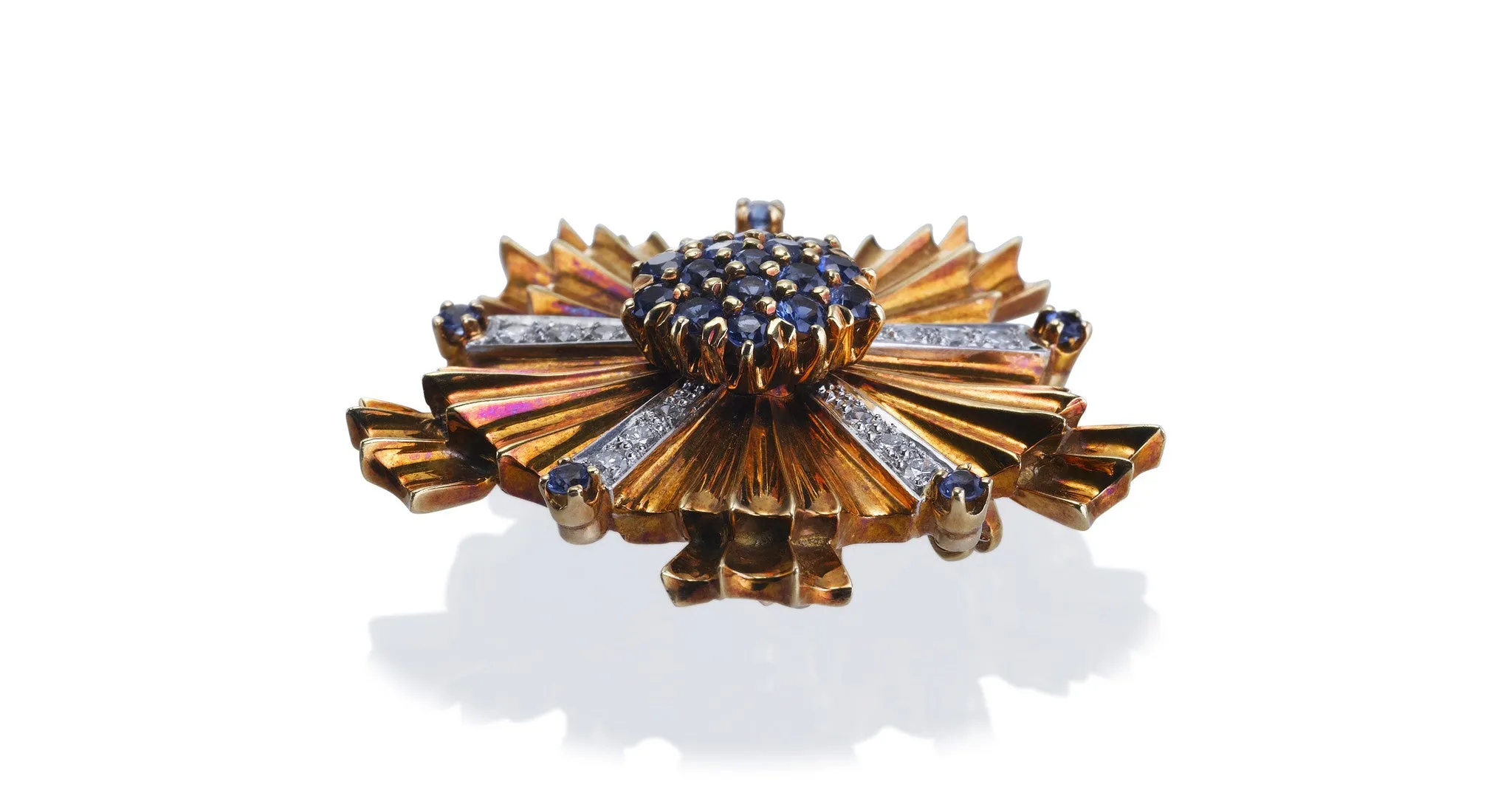 Gold Sapphire & Diamond Sunburst Pin