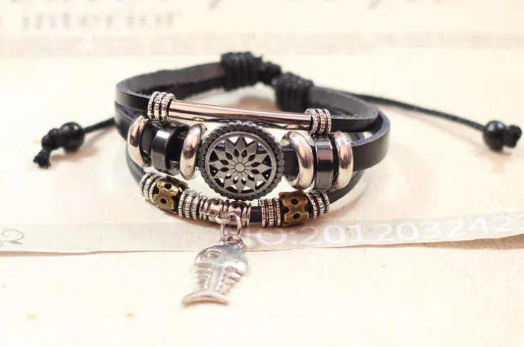 Handmade Fish Charm Genuine Leather Adjustable Bracelet Wristband Jewelry Unisex Men Woman