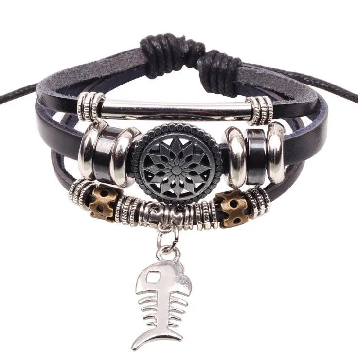 Handmade Fish Charm Genuine Leather Adjustable Bracelet Wristband Jewelry Unisex Men Woman