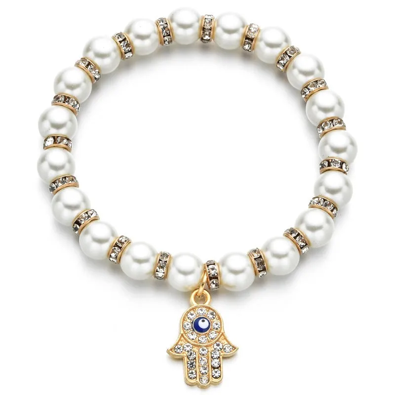 Handmade Natural Freshwater Pearl And Diamond Alloy Pendant Bracelet