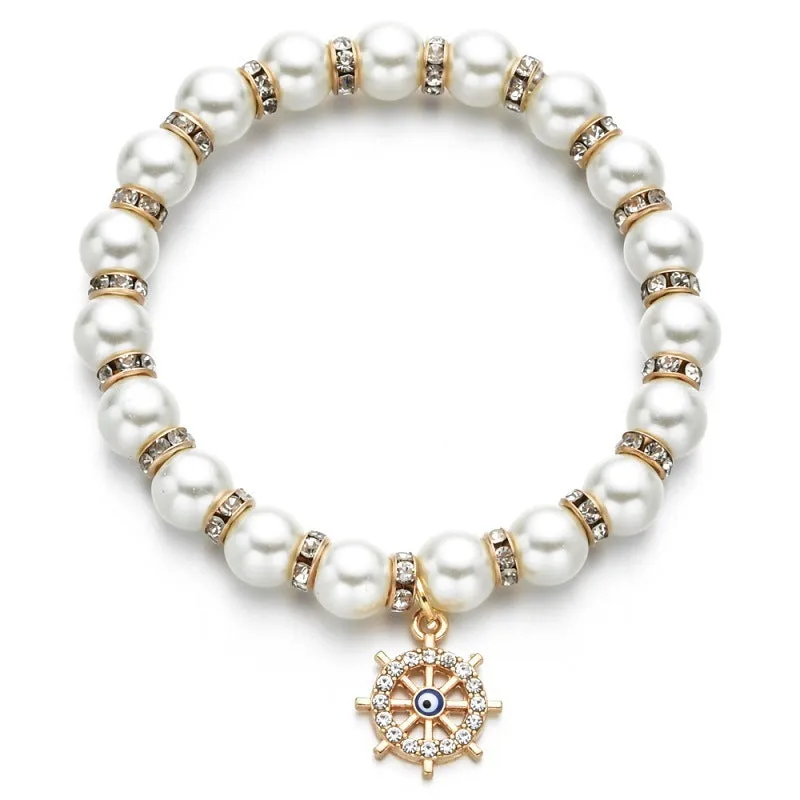 Handmade Natural Freshwater Pearl And Diamond Alloy Pendant Bracelet