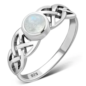 Irish Gaelic Celtic Knot 925 Sterling Silver Ring With Rainbow Moonstone