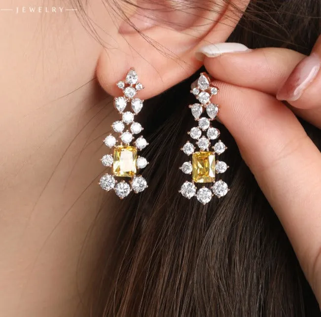 Jewelry fashion ins new micro-encrusted zirconium artificial gemstone yellow tassel earrings