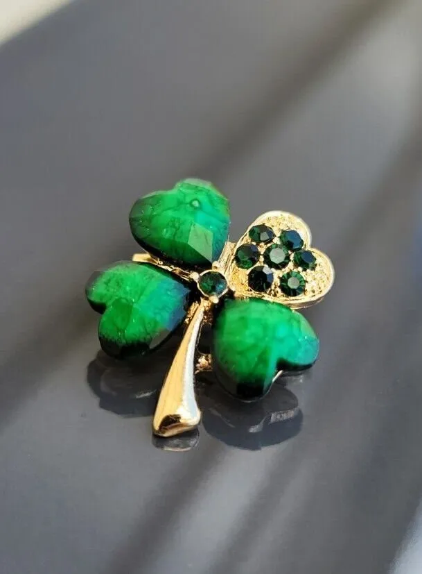 Lucky clover leaf brooch gold plated irish saint patrick broach good luck pin k