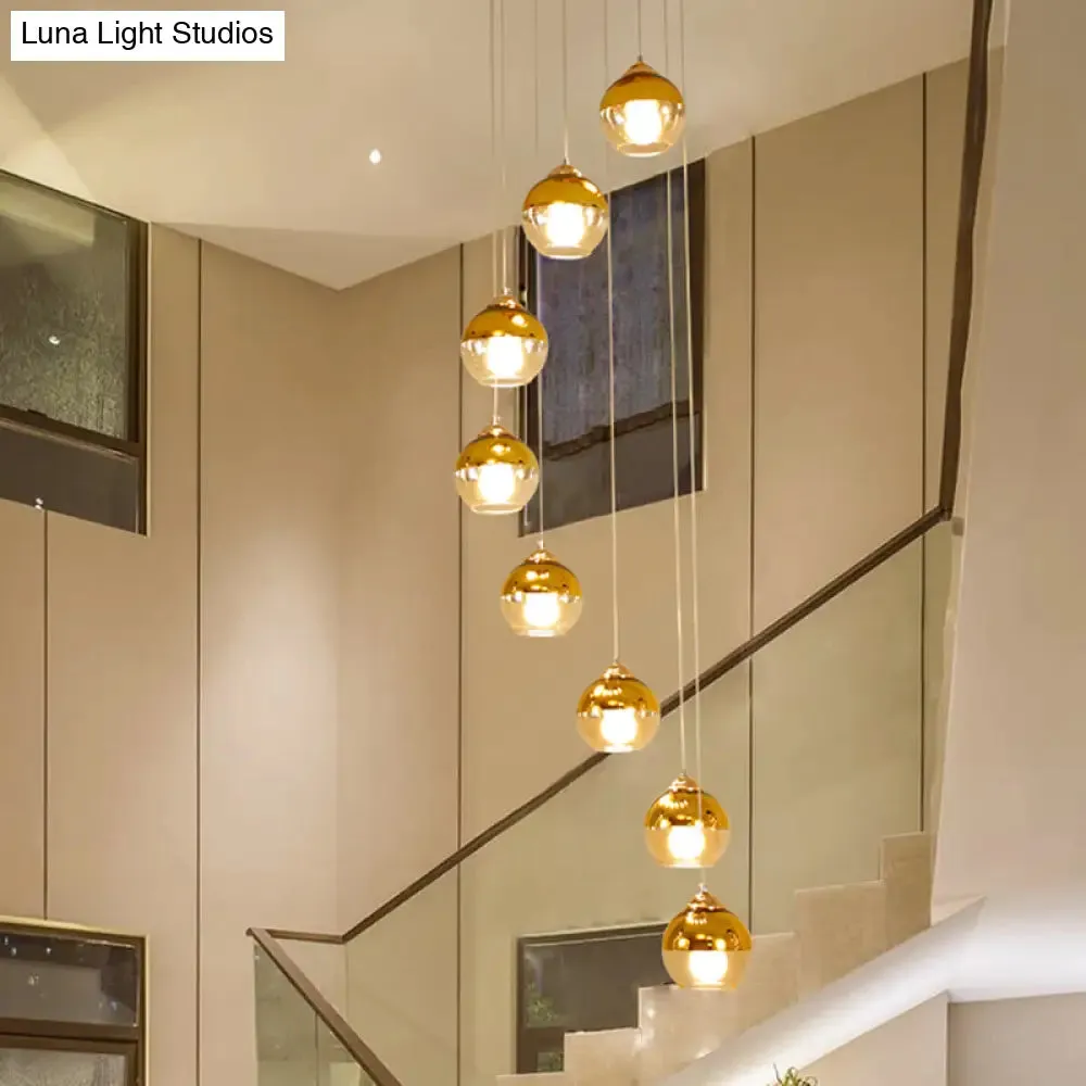 Modern Gold Cluster Pendant Lamp with Clear Glass and LED Lights - 8-Head Ceiling Fixture for Stairs