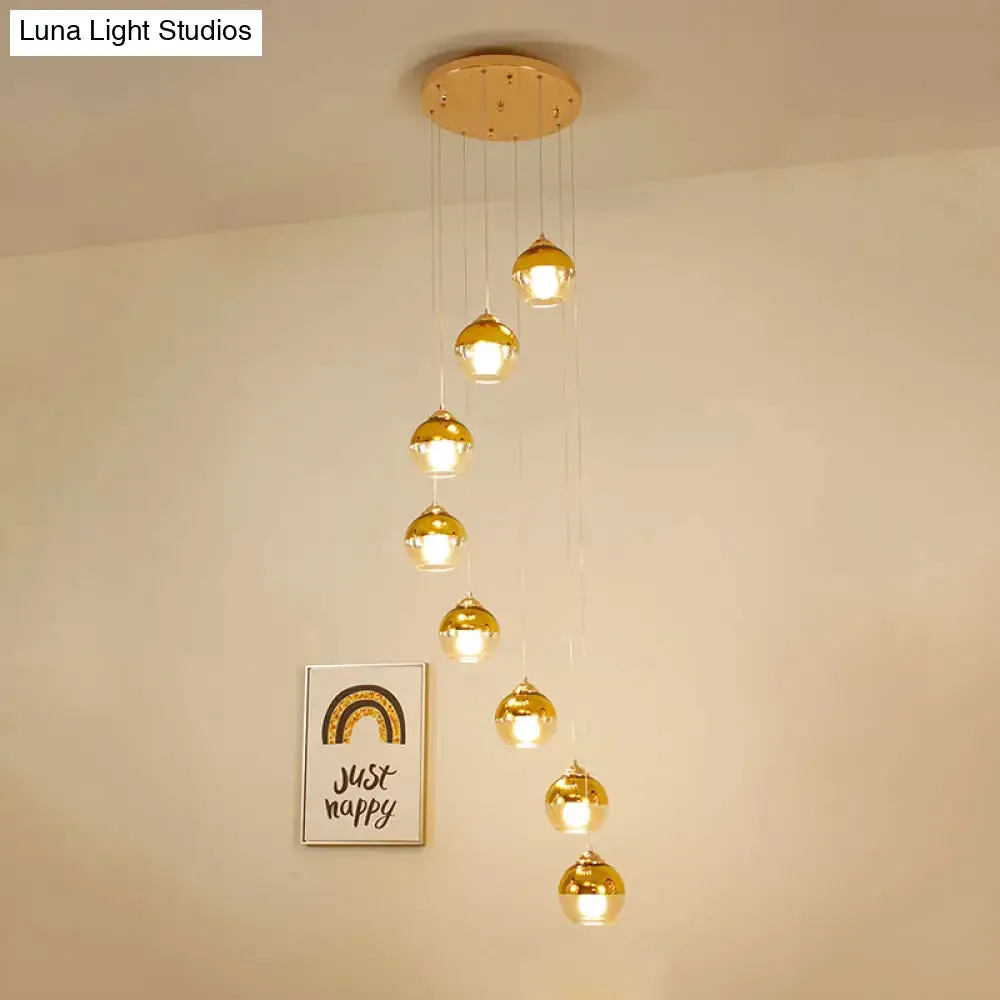 Modern Gold Cluster Pendant Lamp with Clear Glass and LED Lights - 8-Head Ceiling Fixture for Stairs