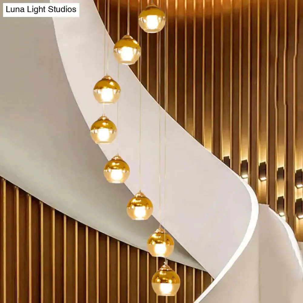 Modern Gold Cluster Pendant Lamp with Clear Glass and LED Lights - 8-Head Ceiling Fixture for Stairs