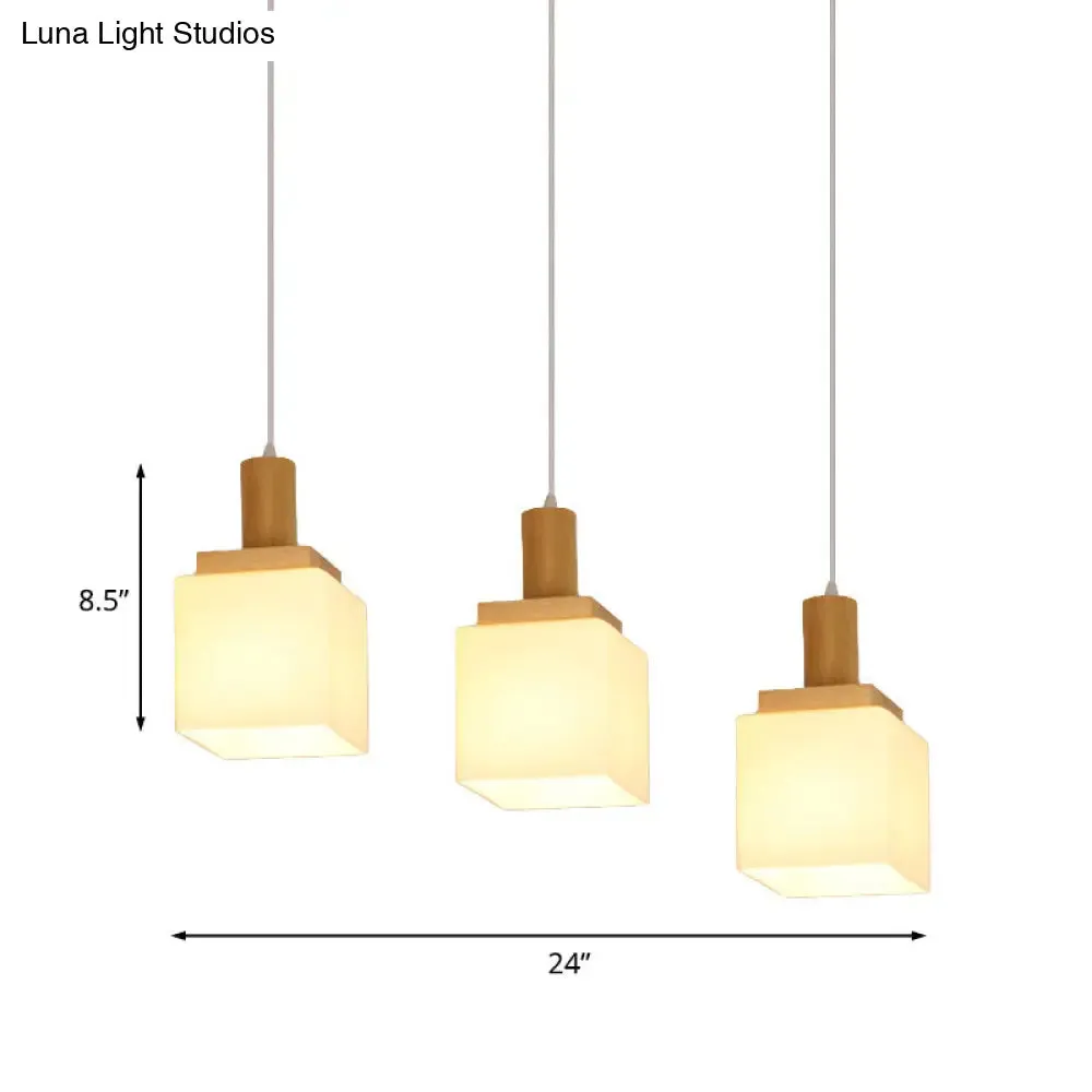 Modern Wood Cube Hanging Pendant Light with Opal Glass - 2/3 Heads, Linear Canopy