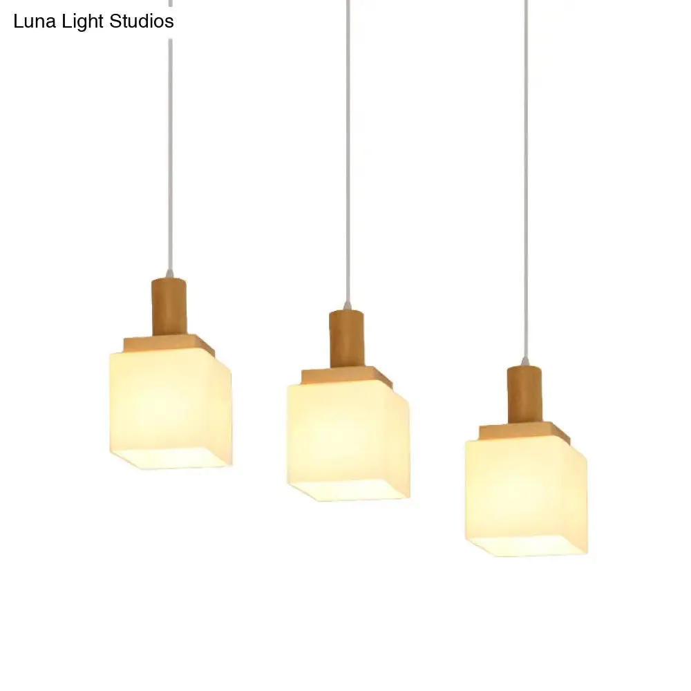 Modern Wood Cube Hanging Pendant Light with Opal Glass - 2/3 Heads, Linear Canopy