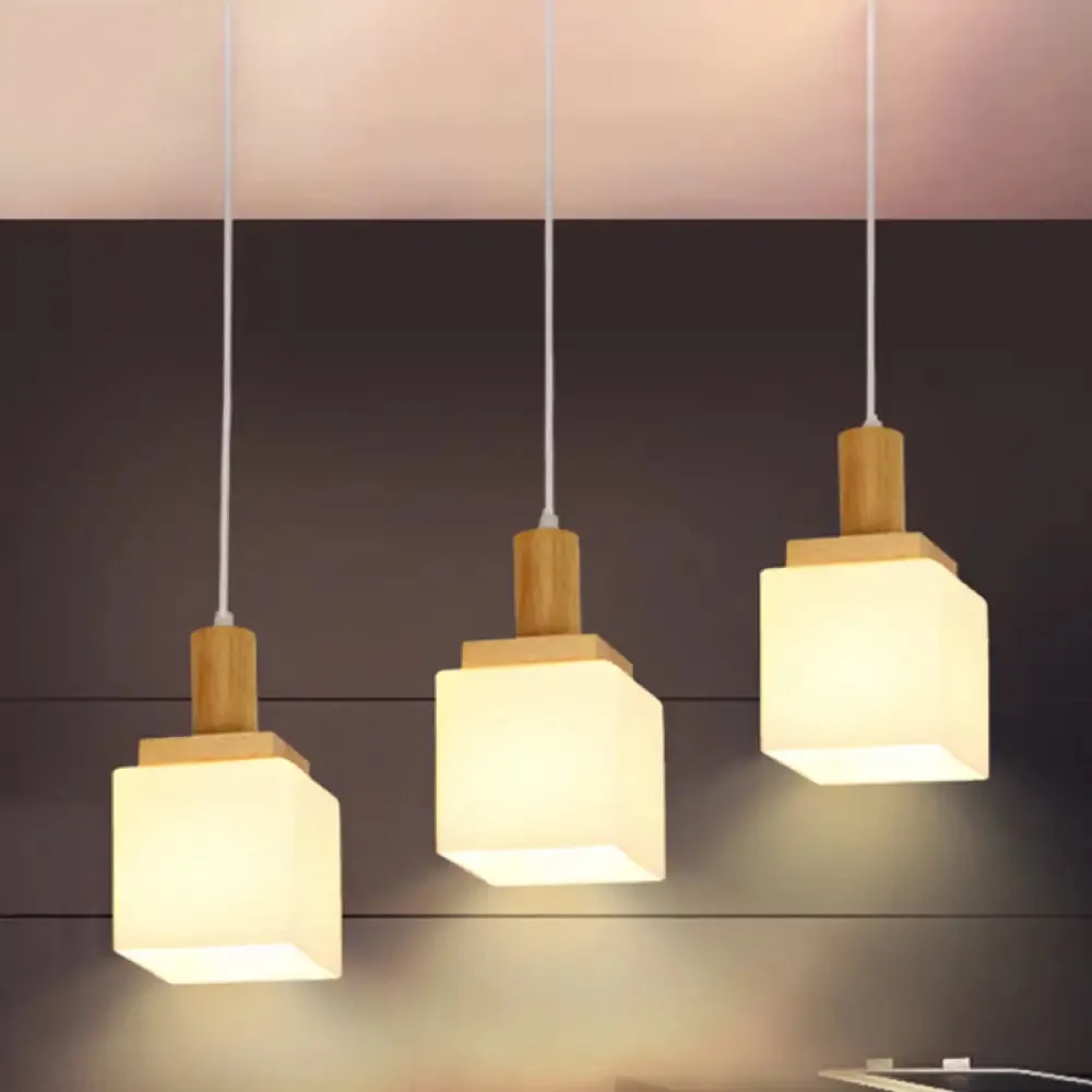 Modern Wood Cube Hanging Pendant Light with Opal Glass - 2/3 Heads, Linear Canopy