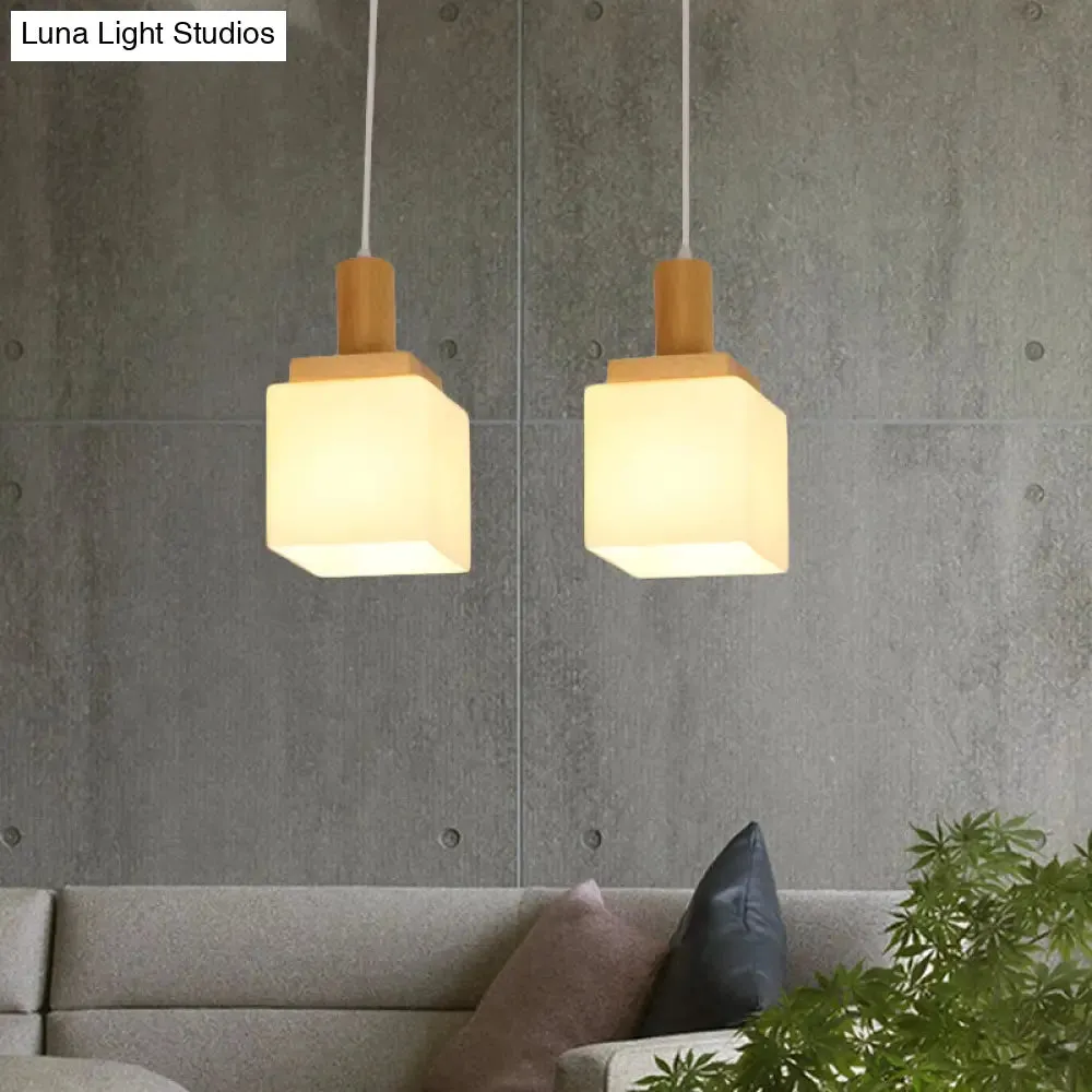 Modern Wood Cube Hanging Pendant Light with Opal Glass - 2/3 Heads, Linear Canopy