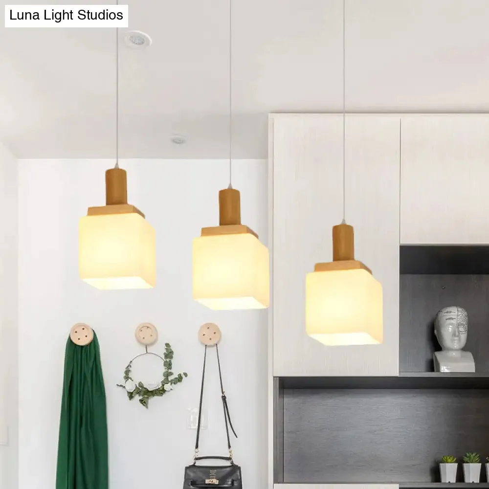 Modern Wood Cube Hanging Pendant Light with Opal Glass - 2/3 Heads, Linear Canopy