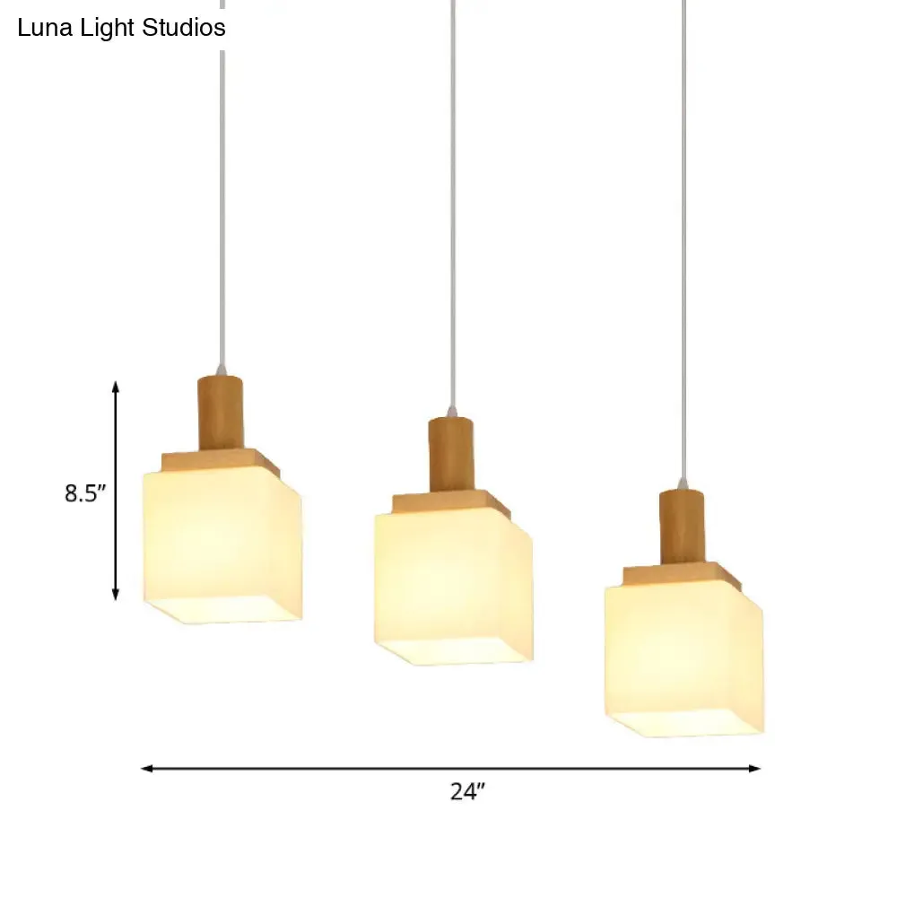 Modern Wood Cube Hanging Pendant Light with Opal Glass - 2/3 Heads, Linear Canopy