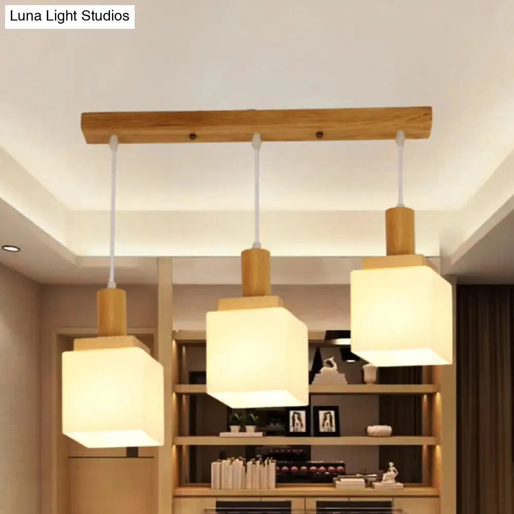 Modern Wood Cube Hanging Pendant Light with Opal Glass - 2/3 Heads, Linear Canopy