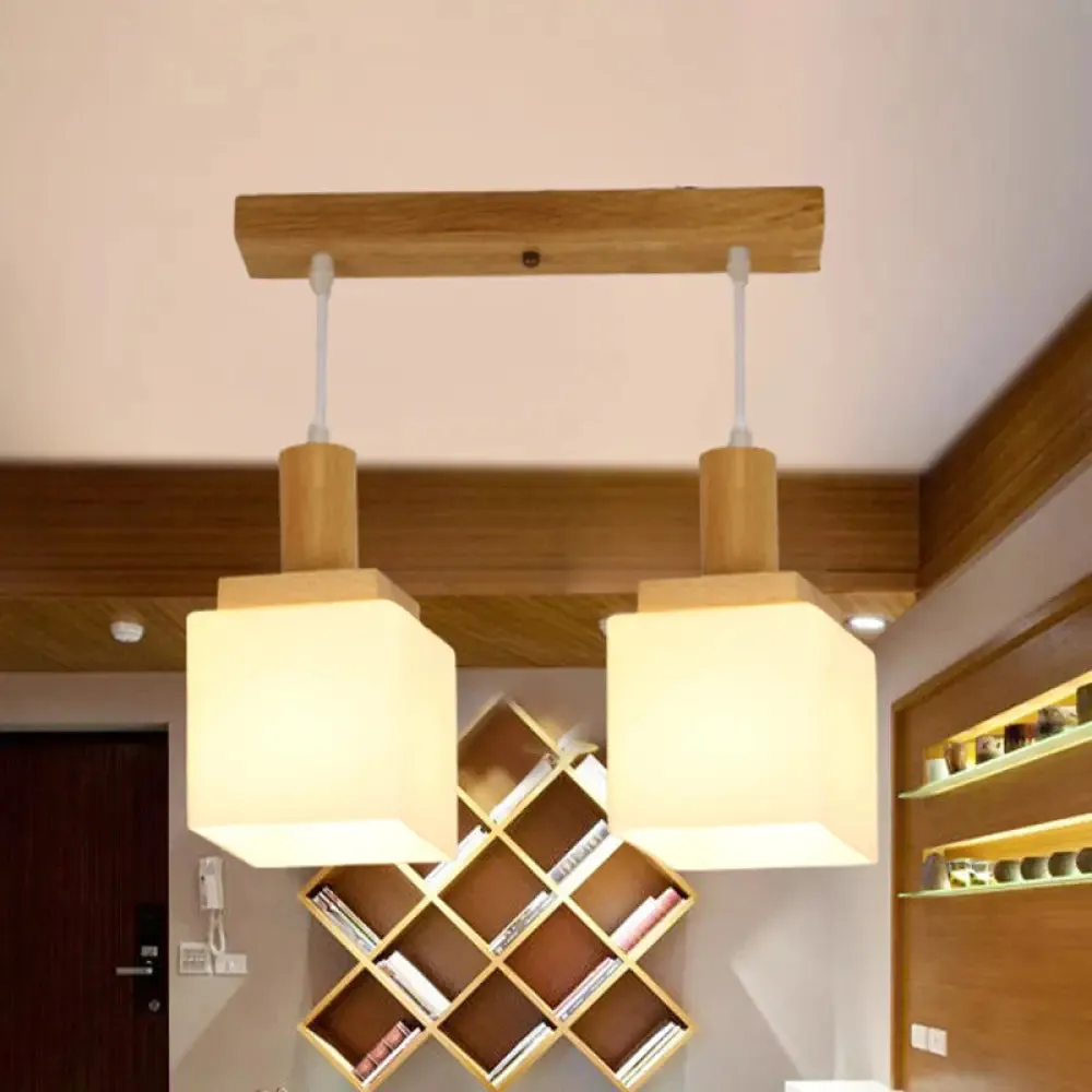 Modern Wood Cube Hanging Pendant Light with Opal Glass - 2/3 Heads, Linear Canopy