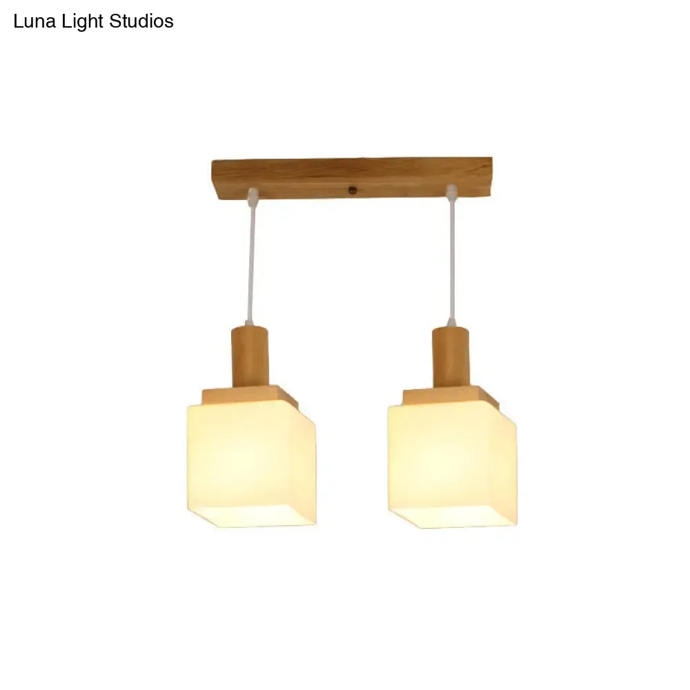 Modern Wood Cube Hanging Pendant Light with Opal Glass - 2/3 Heads, Linear Canopy