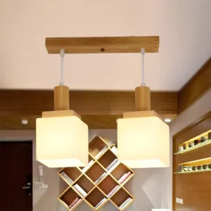 Modern Wood Cube Hanging Pendant Light with Opal Glass - 2/3 Heads, Linear Canopy