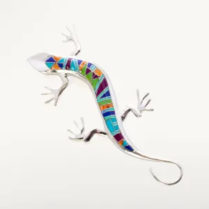 Multi Gemstone Lizard 925 Sterling Silver Pin USA Handmade with Opal Accent