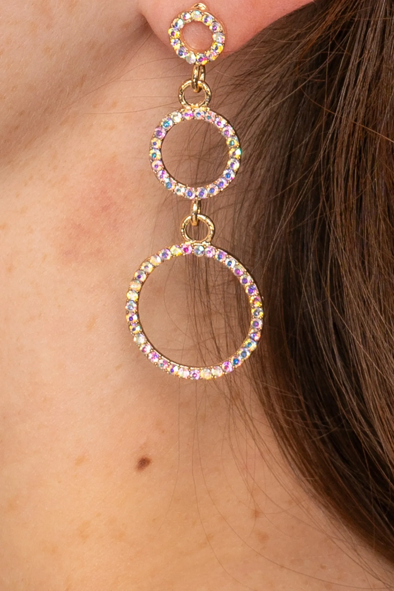 Multicolored Rhinestone Tri Circle Drop Earrings