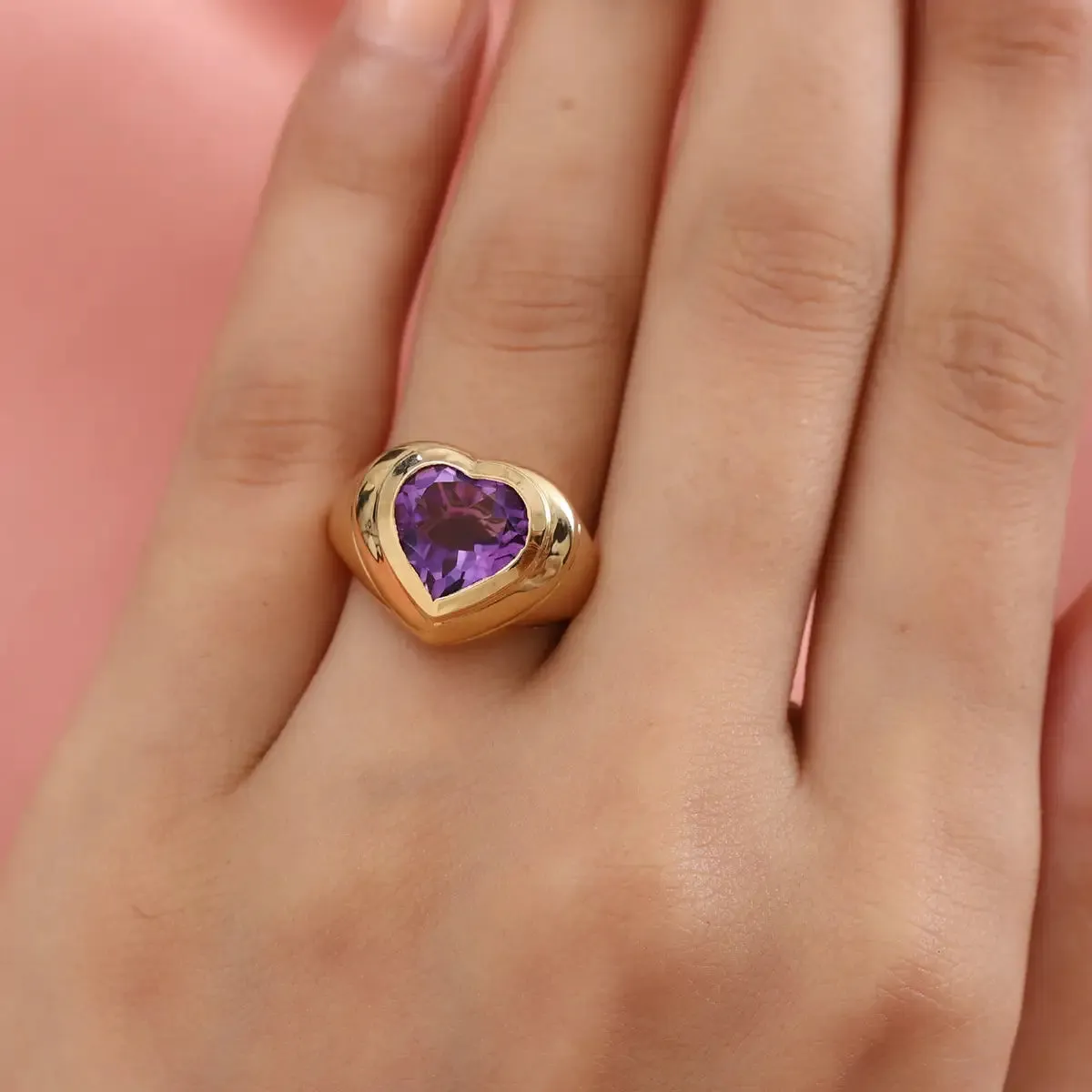 Natural Heart Cut Bezel Set Amethyst Chunky Statement Rings - 14k Gold Vermeil Rings