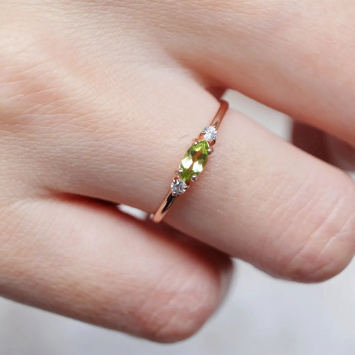 Natural Marquise Cut Peridot Promise Rings - 14k Rose Gold Vermeil RIngs