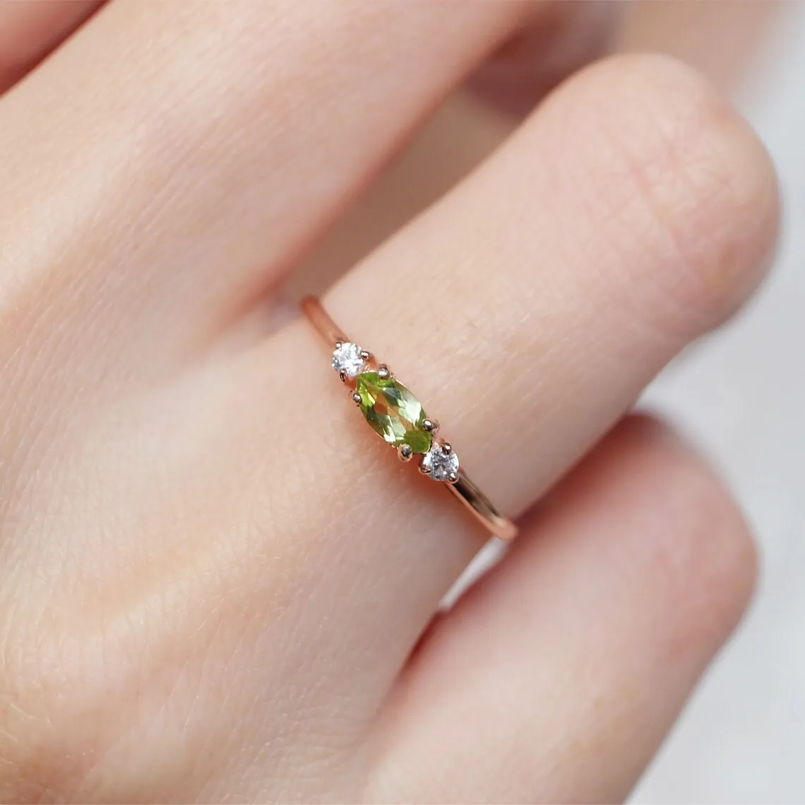 Natural Marquise Cut Peridot Promise Rings - 14k Rose Gold Vermeil RIngs