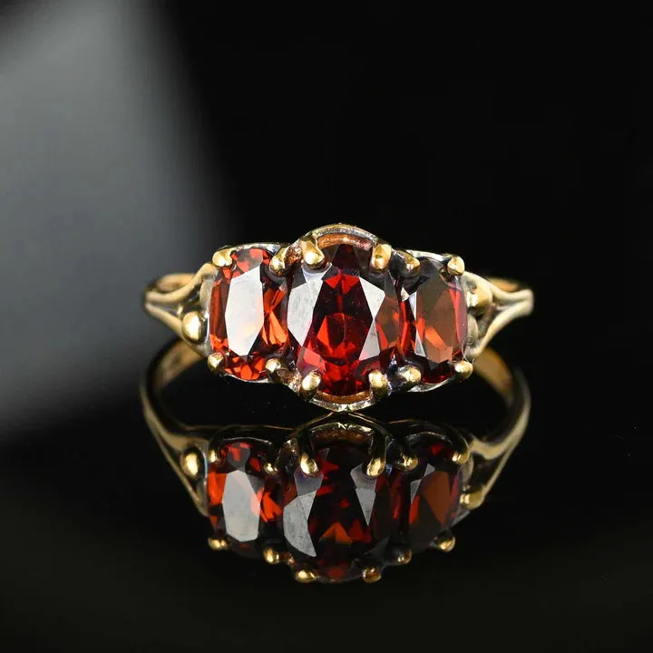 Natural Oval Cut Garnet Three Stone Half Eternity Vintage Rings  - 14k Gold Vermeil Art Deco Rings