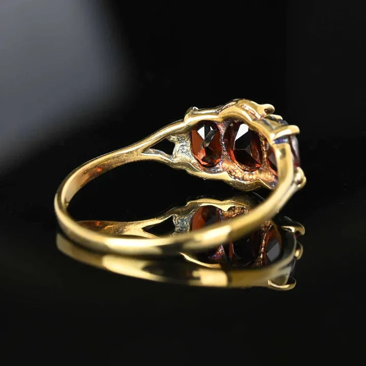 Natural Oval Cut Garnet Three Stone Half Eternity Vintage Rings  - 14k Gold Vermeil Art Deco Rings