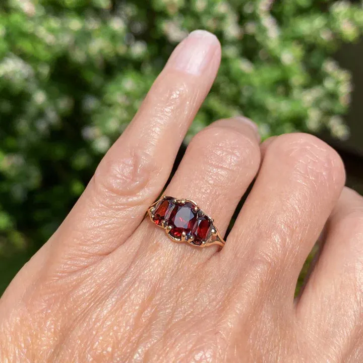 Natural Oval Cut Garnet Three Stone Half Eternity Vintage Rings  - 14k Gold Vermeil Art Deco Rings