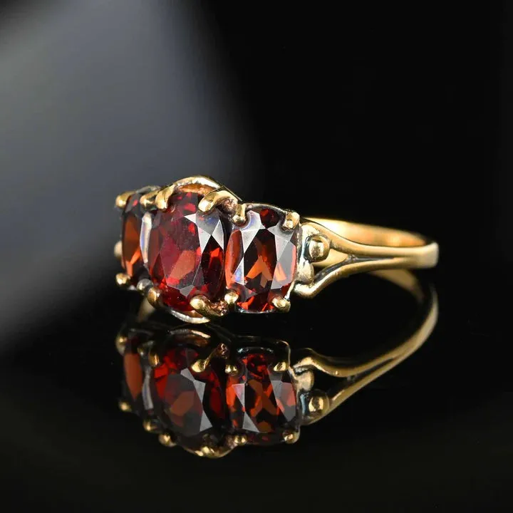 Natural Oval Cut Garnet Three Stone Half Eternity Vintage Rings  - 14k Gold Vermeil Art Deco Rings