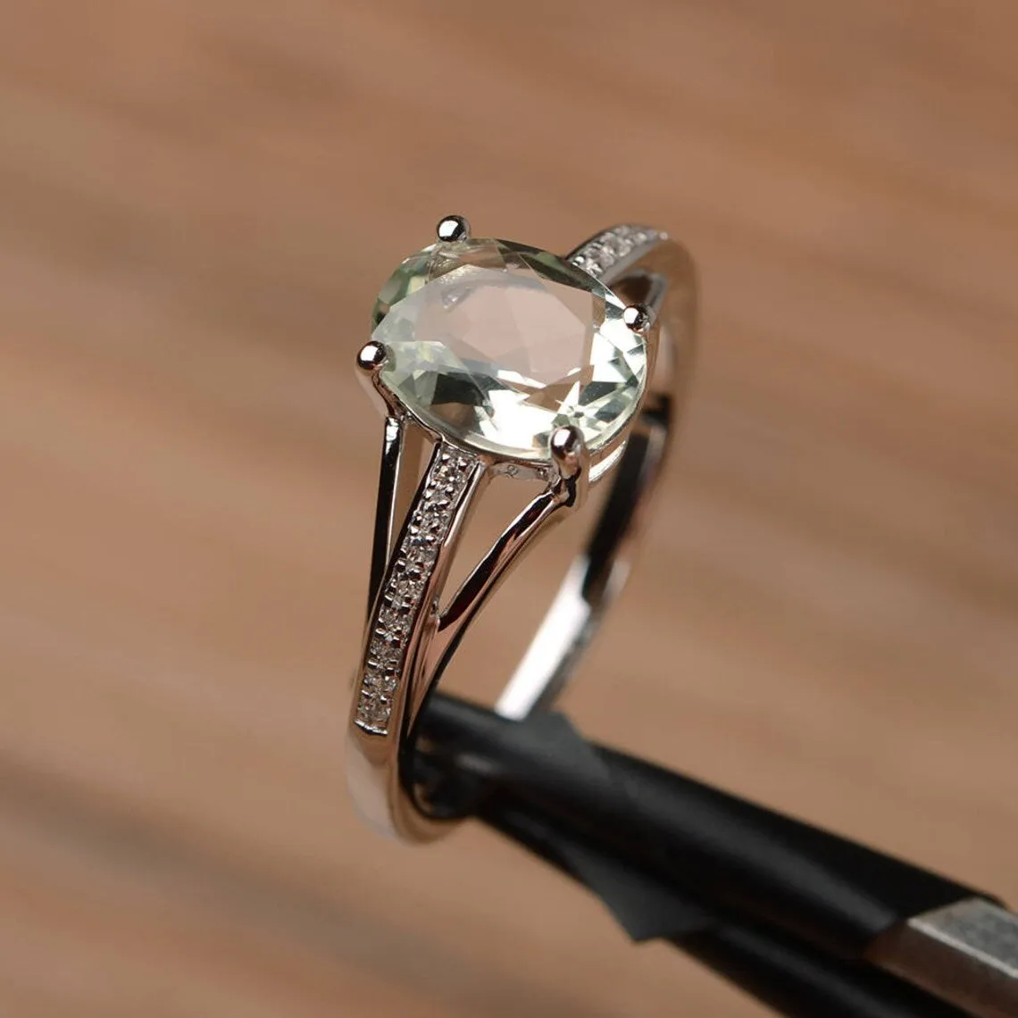 Natural Oval Cut Green Amethyst Statement Ring - 925 Sterling Silver Ring