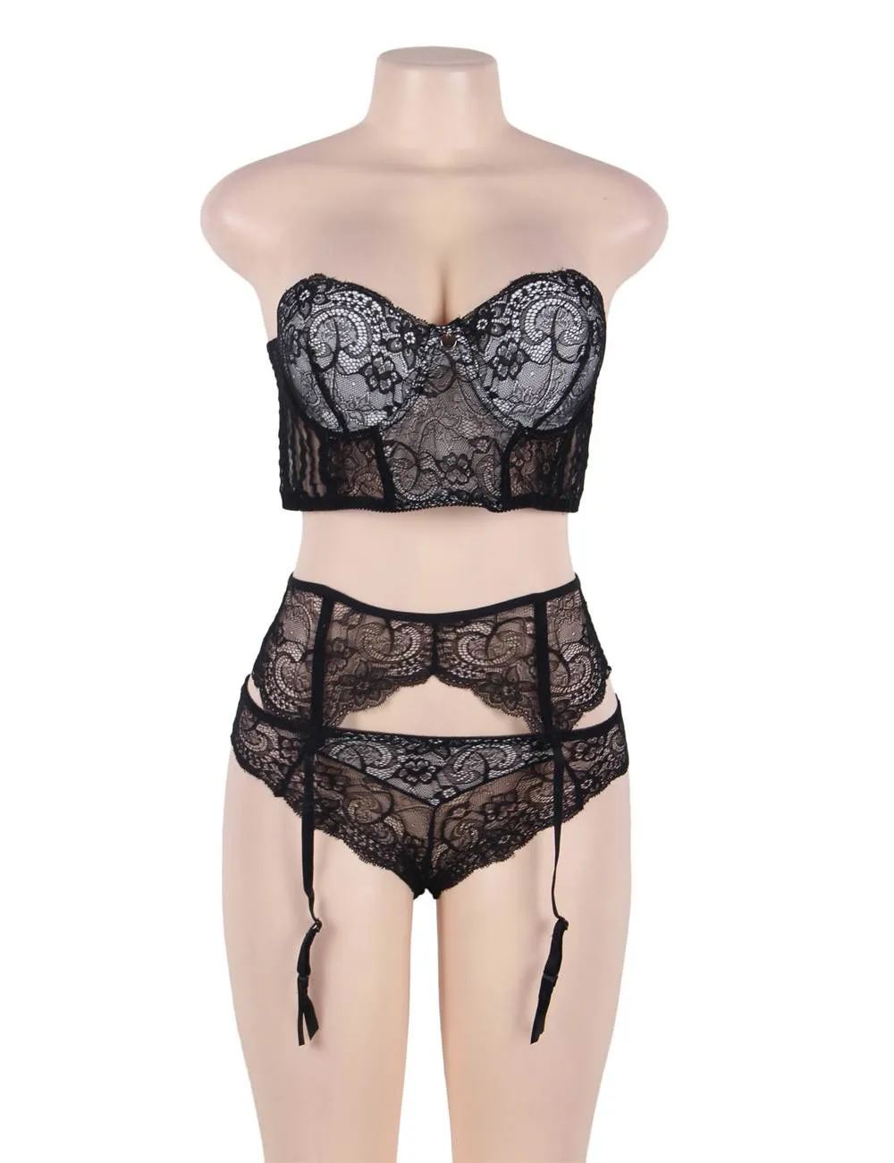 New Seductive Black 3 Piece Delicate Lace Bra Garter Set