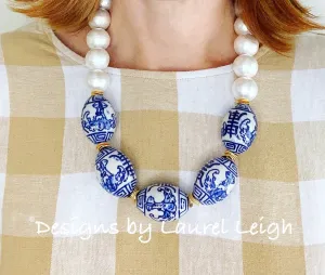 Oval Chinoiserie Focal Bead & Pearl Statement Necklace