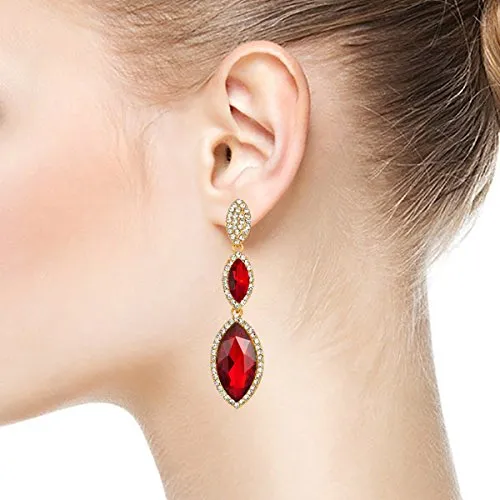 Party Prom Banquet Dress Red Marquise Crystal Navette Long Dangle Drop Gold Statement Earrings