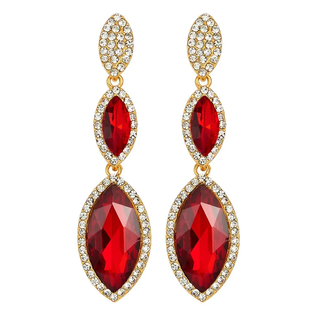 Party Prom Banquet Dress Red Marquise Crystal Navette Long Dangle Drop Gold Statement Earrings