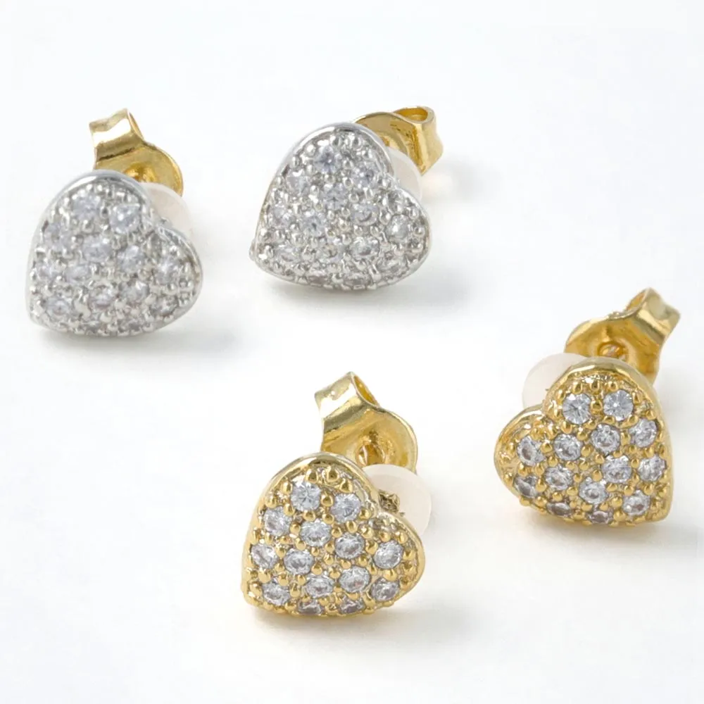 Pave Heart 18K Gold Post Earrings