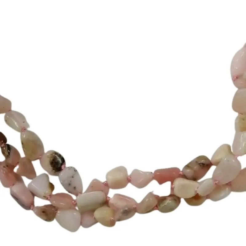 Pearlz Gallery Pink Opal Knotted Necklace for Women | 3-Line 925 Sterling Silver | 20" 21" 22" Adjustable Length | Natural Oval Nugget Gemstone | Elegant Statement Jewelry.