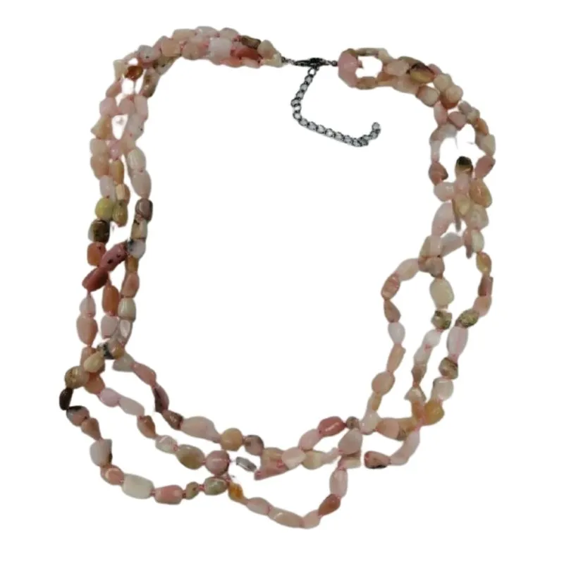 Pearlz Gallery Pink Opal Knotted Necklace for Women | 3-Line 925 Sterling Silver | 20" 21" 22" Adjustable Length | Natural Oval Nugget Gemstone | Elegant Statement Jewelry.