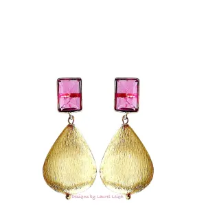 Pink Gemstone Large Gold Teardrop Earrings