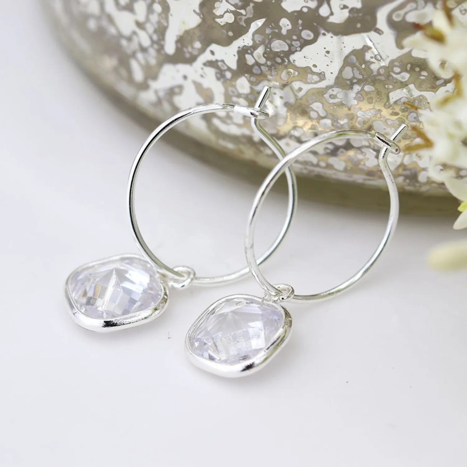 POM Silver Plated Hoop and Square Crystal Drop Earrings