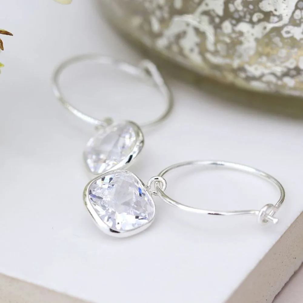 POM Silver Plated Hoop and Square Crystal Drop Earrings