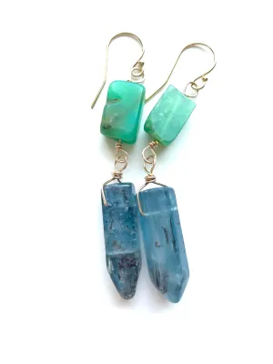 Raw Crystal Earrings - Blue Kyanite Points and Chrysoprase Gold Filled