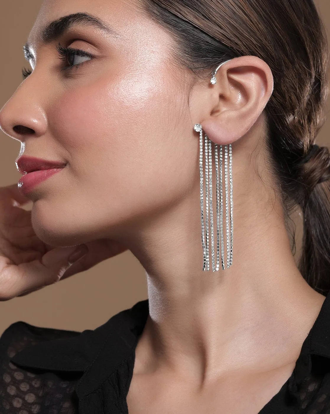 Rhodium Plated Zirconia Studded Multi-Layered Shoulder Duster Ear Cuff Earrings