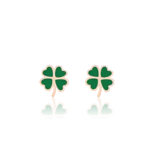 Rose gold coloured/green stud earrings with a green clover