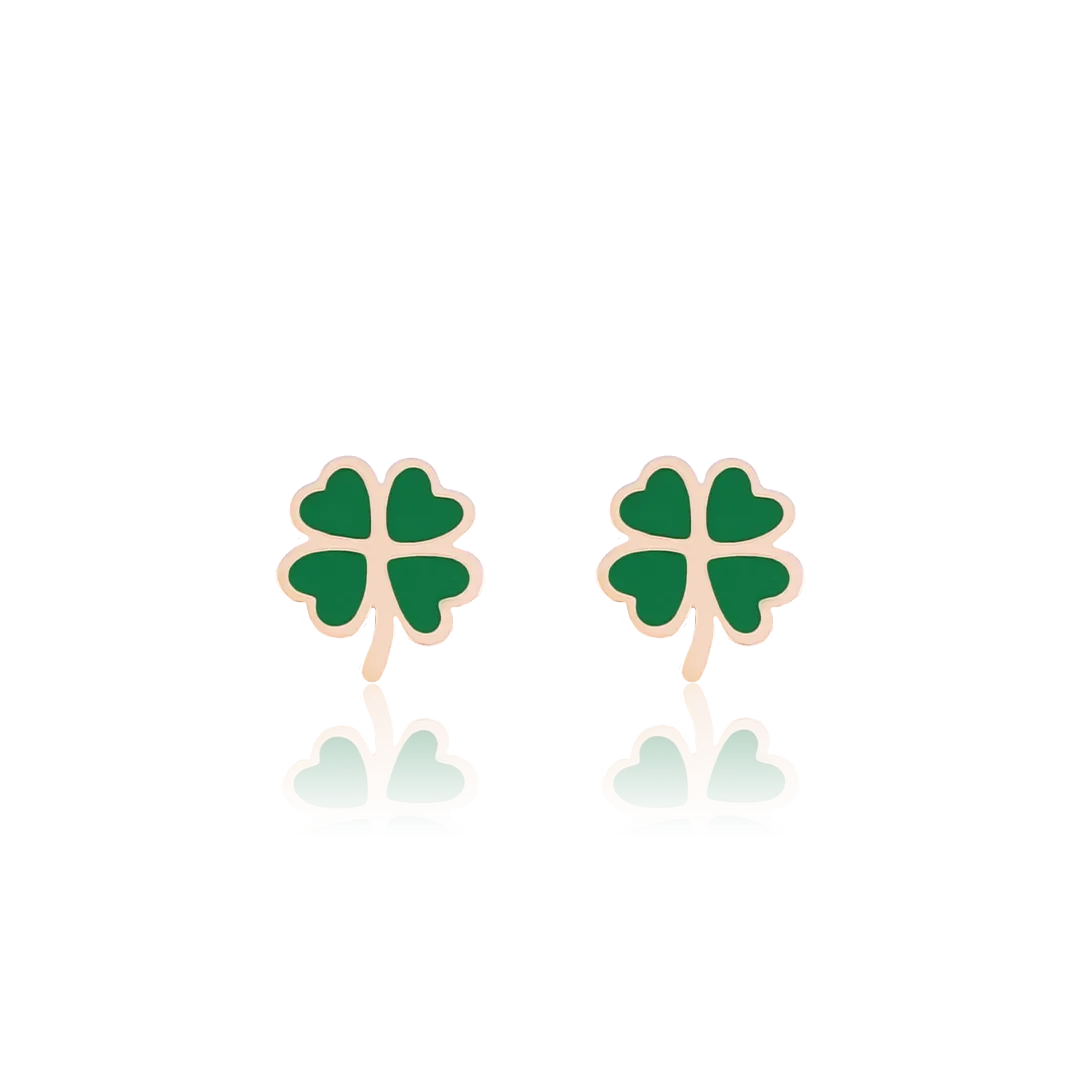 Rose gold coloured/green stud earrings with a green clover