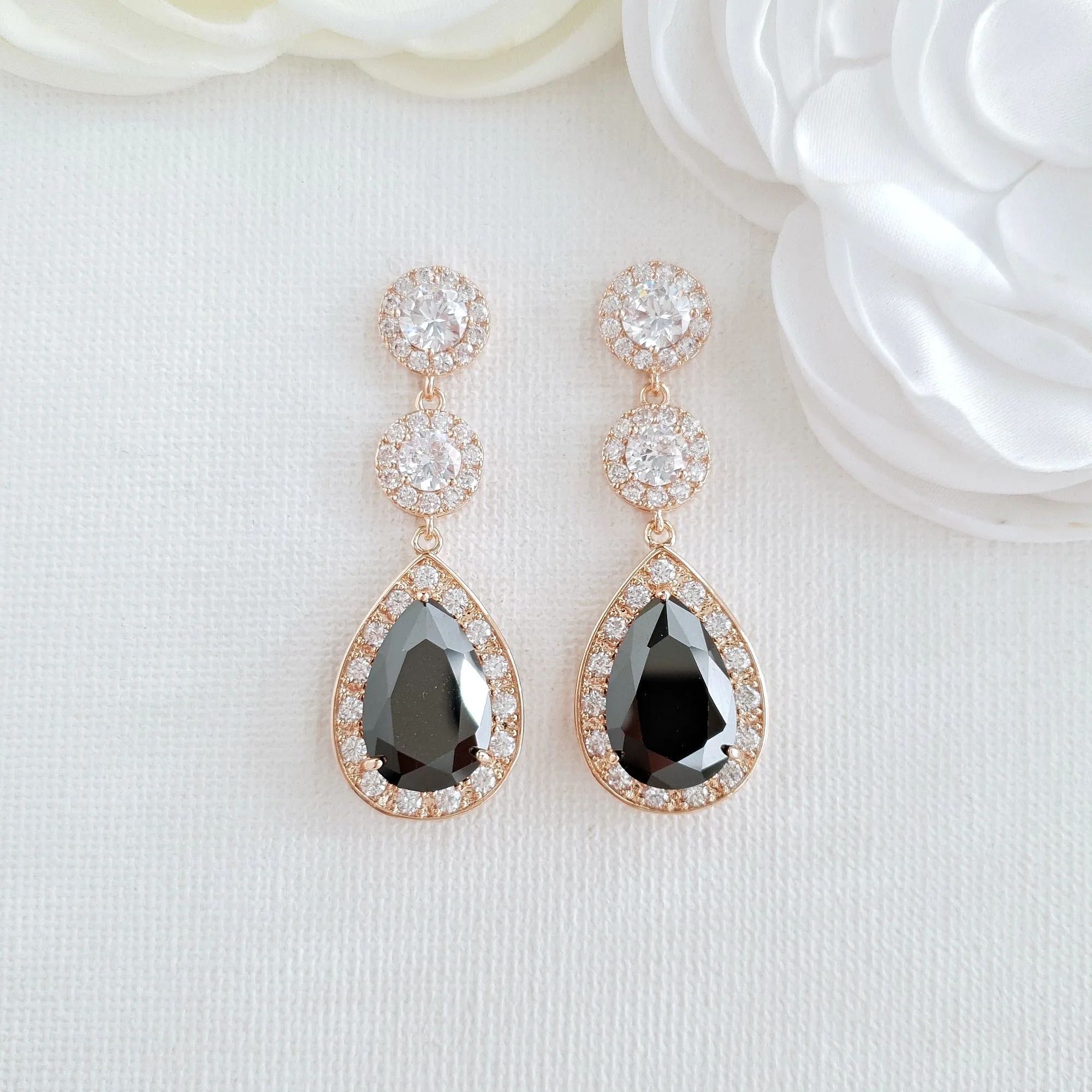 Rose Gold Long Black Earrings-Zoe