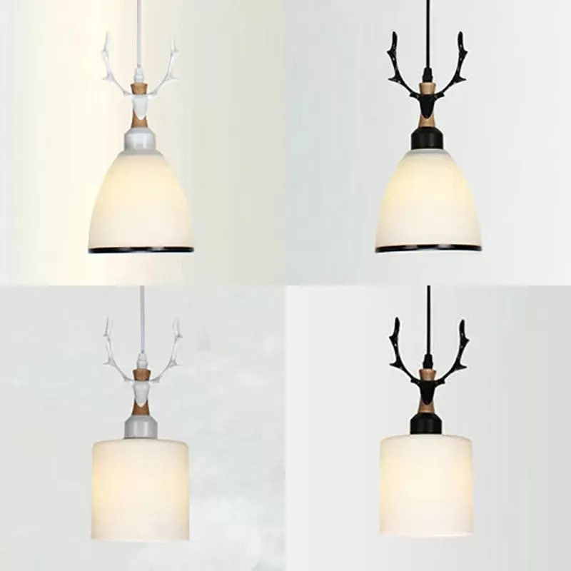 Rustic Style Opal Glass Pendant Lamp with Antlers - Cloth Shop 1 Bulb Suspension Light