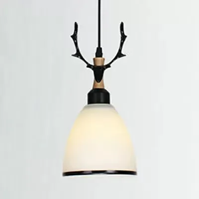 Rustic Style Opal Glass Pendant Lamp with Antlers - Cloth Shop 1 Bulb Suspension Light