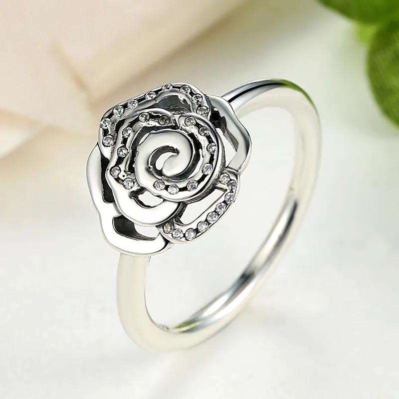 Shimmering Delicate Rose Flower Ring with Clear CZ Ring Original 100% 925 Sterling Silver Jewelry